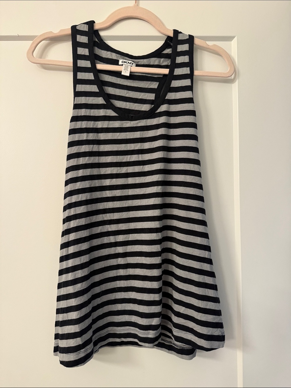 DKNY Black and Gray Striped Scoop Neck Tank